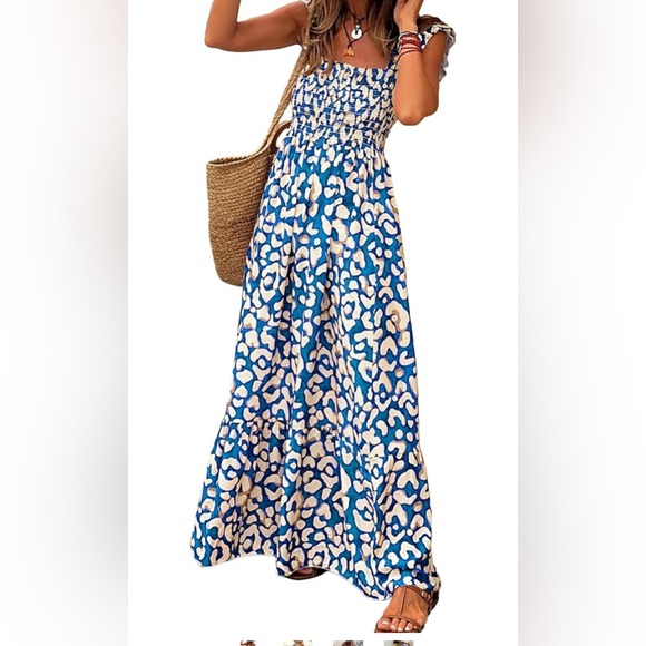 New-Maxi Dress for Women Summer Boho Spaghetti Strap Square Neck Ruffle Dress - Picture 2 of 5